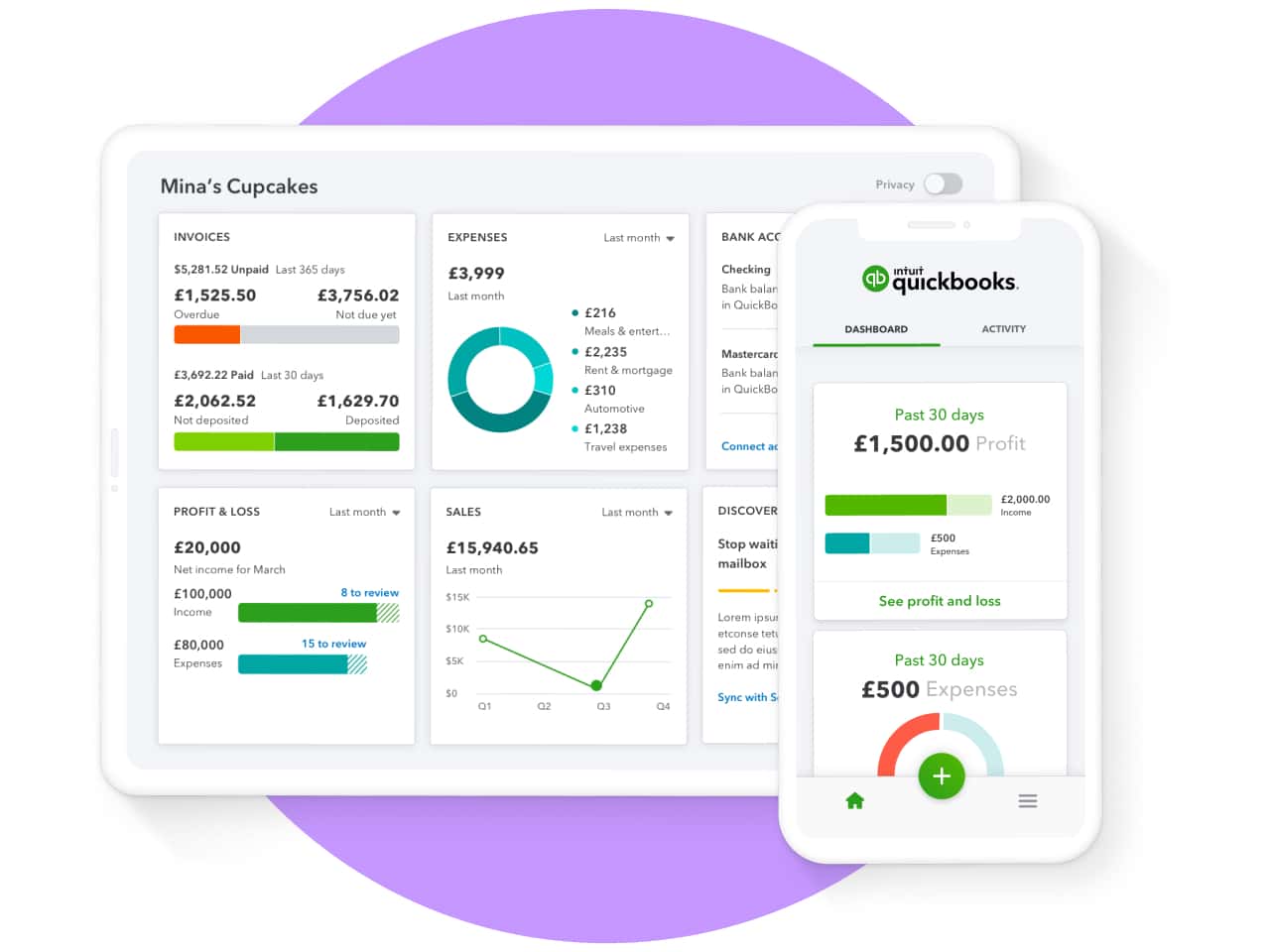 QuickBooks dashboard showing invoices, expenses, and financial reports